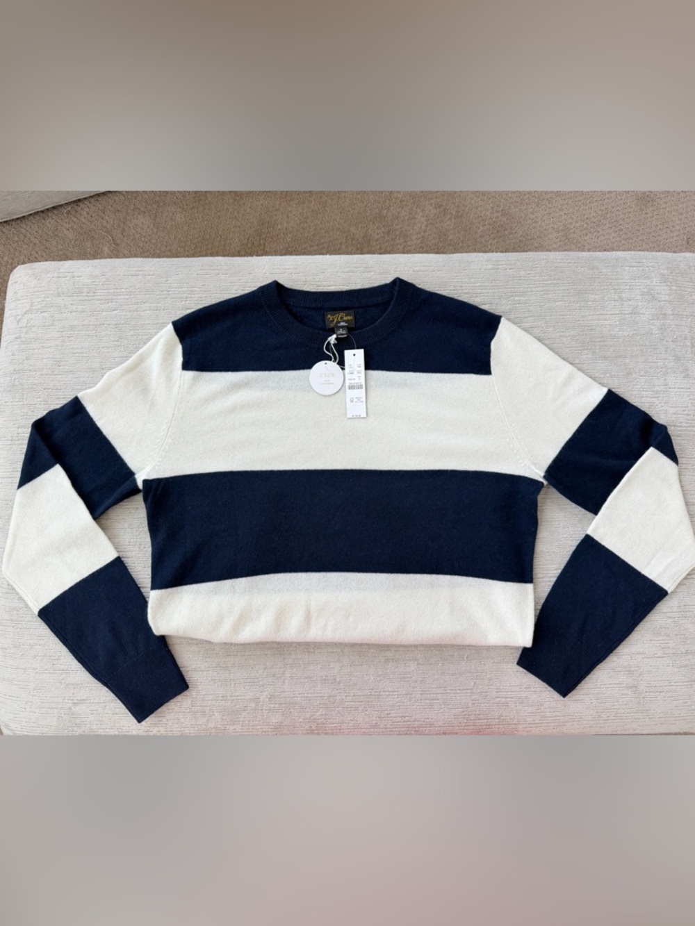 Crew 100% Cashmere Navy Stripe Crewneck Sweater NWT Size Small $178